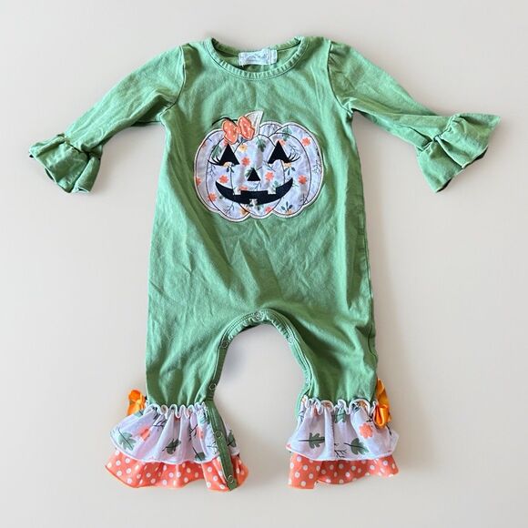 Marie Nicole Green Embroidered Floral Jack-o-Lantern Ruffle Romper 6-12 Months - Picture 1 of 10